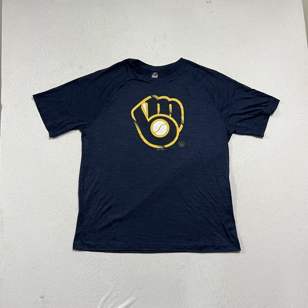 Majestic Men Blue Tee Shirt Majestic Milwaukee Brewers Size XL